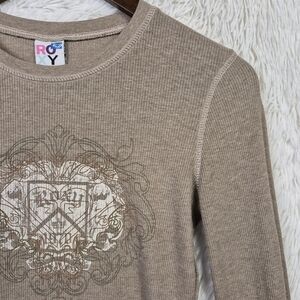 Vtg Y2K Roxy Thermal Shirt Fairy Grunge Graphic Print Long Sleeve Beige